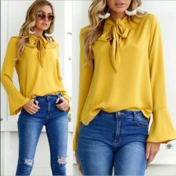 Tops - NEW Yellow Chiffon Flared Bell Long Sleeve Top